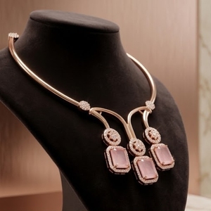 Conjunto de Collar de Plata 925 con Cristales y Oro Rosa Italiano, con Colgante de Piedra Rosa y Pendientes a Juego, Joyería Elegante para Novias - Product Image 2