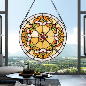 Panneau de fenêtre en verre Tiffany massif de 12 pouces, moderne, abstrait, fait main, plaqué or, écologique, avec crochet à chaîne pour salon - Product Image 3