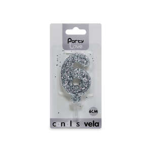 Vela de Cumpleaños con Número 6, Plateada con Purpurina, 6 cm, para Fiestas - Product Image 4