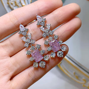 925シルバーダングルイヤリング新品7*9スクエアピンクダイヤモンドアイスフラワーカット高炭素ダイヤモンドファッション - Product Image 5