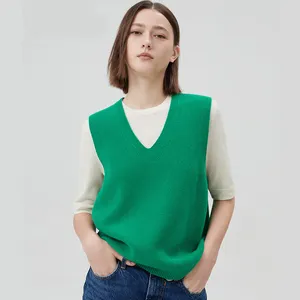 Custom Wholesale Spring New 100% Cashmere Green Striped Sleeveless Pullover Sweater Wool Womens Vests Waistcoats
