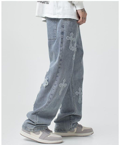 Vaqueros Hip-hop Estilo Europeo Americano con Parches Cruzados para Hombre, Pantalones Anchos Rectos y Holgados de Poliéster a la Moda - Product Image 3