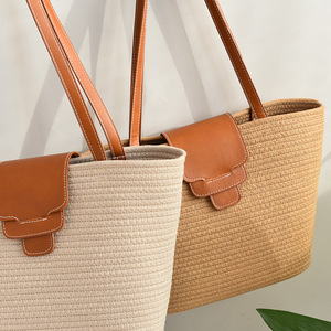 Woven Tote Bag Cotton Yarn Khaki Off White Horizontal <b>Square</b> Normcore Minimalist Everyday Use - Product Image 3