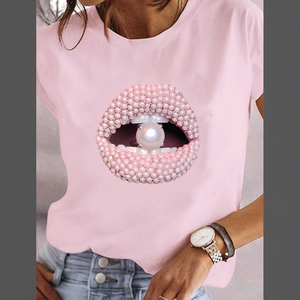 Camisetas <span class=keywords><strong>de</strong></span> <span class=keywords><strong>Mujer</strong></span> al por Mayor, Estilo Veraniego, Tejidas, Anti-Pilling, Ecológicas, Cómodas, Serie Rosa Perla, con Gráfico <span class=keywords><strong>de</strong></span> <span class=keywords><strong>Boca</strong></span> - Product Image 3