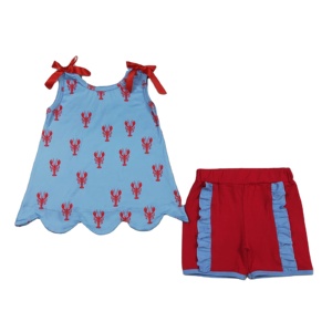 Conjuntos de Ropa para Niñas con Diseño Floral de Langostas de la Mar, Moda RTS, Nuevos Diseños de Verano, Borde Festoneado, Conjuntos de Ropa para Hermanas - Product Image 1