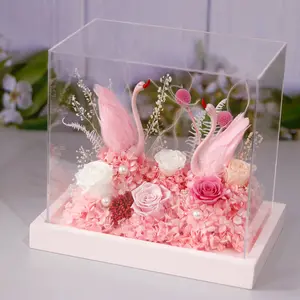 Regalo del Día de San Valentín Flor eterna Hortensia Flor seca Cisne Rosa preservada Acrílico Caja Regalos de regalo para mamá Mujeres - Product Image 1