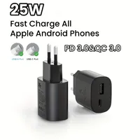 Cargador PD de 25 W con Enchufe Europeo, USB Tipo C + USB-A, Salida Dual, Carga Rápida, Adaptador de Corriente, Cargador de Teléfono Portátil de Viaje