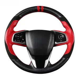 DIY Black Genuine Leather Suede Carbon Fiber Car Steering Wheel Cover For Honda Civic 10th Gen 2016 2017 2018