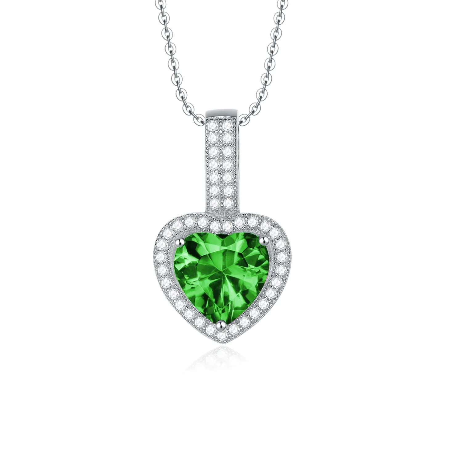 Manufacture women jewelry necklaces rhodium plated emerald color CZ sterling silver 925 pendant heart necklace