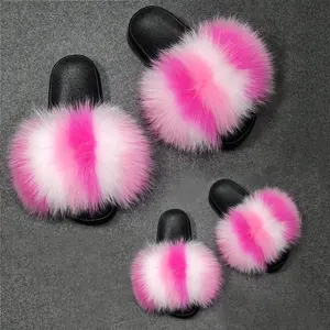 New high quality kids raccoon fur slippers women open toe natural real fox fur mommy and me fur slides