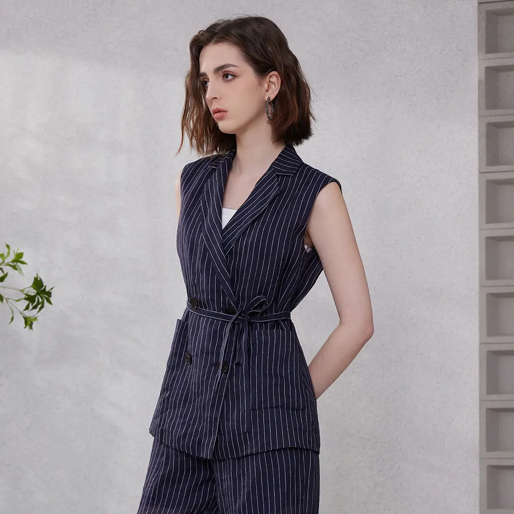 BC Luxury Clothes Brand Women's Clothing Wholesale Vest 100% Ramie Ladies Office wear Stripe Weskit Linen waistcoat