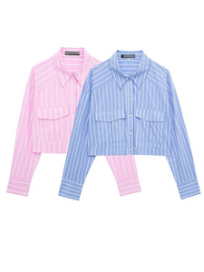 <span class=keywords><strong>Camicia</strong></span> Corta da <span class=keywords><strong>Donna</strong></span> a Righe Verticali con <span class=keywords><strong>Colletto</strong></span> a Punta, Tasche Applicate, Maniche Lunghe, Stile Casual e Streetwear, OEM all'Ingrosso - Product Image 4
