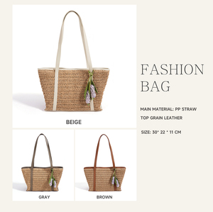 Borsa Tote di Lusso in Paglia Intrecciata con Finiture in Vera Pelle, Borsa da Spiaggia Estiva da Donna, Borsa a Spalla Grande Capacità, Borsa a Mano per Vacanze Francesi - Product Image 3