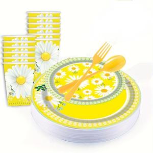 Plato de papel desechable con logotipo personalizado, plato de papel amarillo con flor de Margarita blanca, hojas verdes, flor salvaje, plato de papel con flor de Margarita - Product Image 3