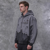 Veste à capuche zippée pour homme, style patchwork déchiré, en molleton bouclette et similicuir, avec empiècements bruts