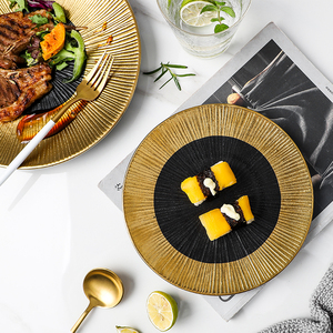<span class=keywords><strong>Assiette</strong></span> <span class=keywords><strong>Plate</strong></span> de luxe en céramique, pièces, ustensile de cuisine en céramique noire rayée avec bordure en or - Product Image 2