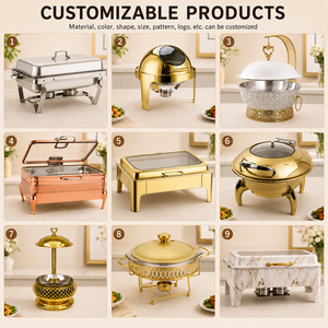 Suministros de Hotel de Alta Calidad, Juego de Recipientes para Buffet de Lujo, Calentador de Alimentos Comercial Redondo de Acero Inoxidable Dorado con Tapa de Vidrio - Product Image 4