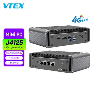 Vtex 4 X Rj45 komputer Desktop Pc Mini, casing logam pendingin industri tanpa kipas dengan kartu Sim 4G Lte