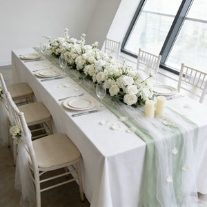 Centre de table de mariage, fleurs artificielles en soie, roses blanches, long chemin de table, réaliste, taille personnalisable - Product Image 2