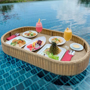 Bandeja de Almacenamiento de Ratán Tejido, Bandeja Flotante de Ratán con Asas, Bandeja de Servicio para Piscina, Flotadores para Adultos, para Comida y Desayuno - Product Image 1
