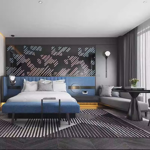 Ensemble de mobilier de chambre d'hôtel 3 étoiles : Lit avec sommier en bois durable, matelas, tables de chevet, tête de lit, ottoman et table d'appoint - À vendre - Product Image 5