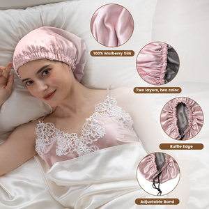 Logo personnalisé <span class=keywords><strong>Bandeau</strong></span> large à haute élasticité <span class=keywords><strong>Bain</strong></span> <span class=keywords><strong>de</strong></span> nuit <span class=keywords><strong>Bonnet</strong></span> double couche en satin <span class=keywords><strong>de</strong></span> soie Grand <span class=keywords><strong>bonnet</strong></span> <span class=keywords><strong>de</strong></span> douche pour femmes - Product Image 5