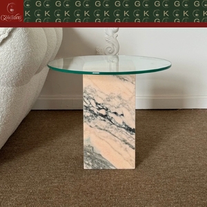 Mesa Auxiliar para Sala de Estar o Dormitorio GOLDKING, Base de Mármol Rosa Gris, Tapa Redonda de Vidrio, OEM ODM, Directo de Fábrica - Product Image 2
