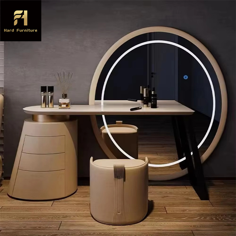 white christmas dresses Fluted Makeup Vanity Desk With Round Led Mirror And Lights, Modern Gla main image 0
