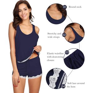 Pijamas de Viscosa Personalizadas para Mujer, Conjunto de Camiseta sin Mangas y Pantalones Cortos de Verano, Color Azul Marino, Talla Grande, Ropa de Dormir, Ajuste Cómodo y Fresco - Product Image 2