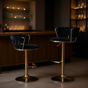 Ensemble de 2 tabourets de bar en velours noir, siège pivotant réglable en hauteur, cadre doré, design contemporain, mobilier commercial - Product Image 2