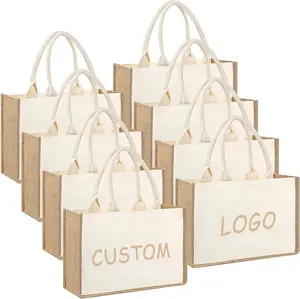 حقائب خيش مخصصة حقائب شاطئ للتسوق قابلة لإعادة الاستخدام بيد حقائب بقالة من الخيش للنساء إصنعها بنفسك للذهاب للحفلات