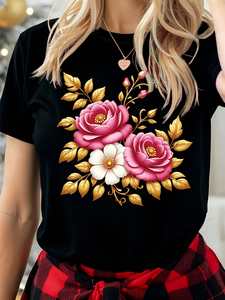 T-shirt Casual da Donna a Maniche Corte, Girocollo, Stampa Floreale, Leggera, in Jersey 100% Cotone, per Primavera Estate - Product Image 3