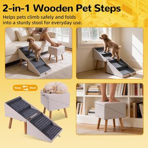ZinCe Dog Stairs 17.13 In H Foldable Pet <b>Steps</b> For <b>Small</b> Dogs Non Slip Wooden Ramp With Ottoman Light Beige Rectangle - Product Image 5