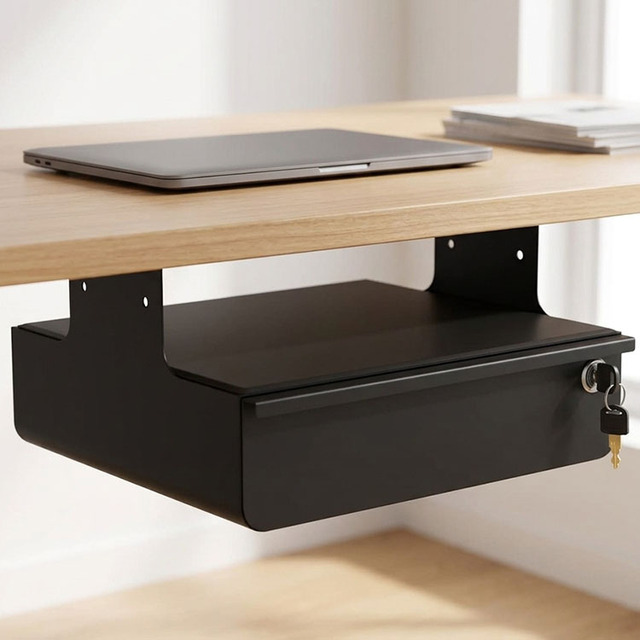 JH-Mech Drawer Under Table Office Desk 310mm Wide Slide Out Hidden Black Steel Under Mount Desk Drawer