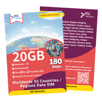 Carte SIM 4G 5G pour 55 pays, 180 jours, 20 Go de données en itinérance, 3-en-1 (physique et eSIM), emballage personnalisé, sans appels vocaux