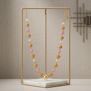 925 Silver Antique Mala <b>Necklace</b> with <b>Pink</b> Beads and Pearl Accents Traditional Ethnic Jewelry for Women Wear - Product Image 2