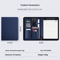 Porte-documents multifonctionnel A5 bleu en PU avec double compartiment zippé, tableau d'écriture et rangement pour documents professionnels