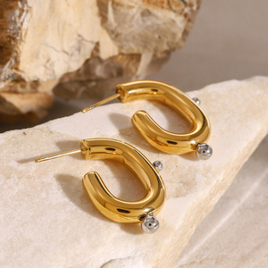 Pendientes de Aro en Forma de C de Acero Inoxidable Dorado con Cuentas Plateadas, Diseño Geométrico, Unisex, para Uso Diario - Product Image 3