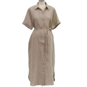 Robe longue ample en lin personnalisée à manches courtes, couleur unie, confortable, pour femme, décontractée, avec ceinture fine à nouer, style chemise. - Product Image 4