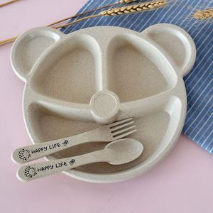 Juego de vajilla para bebés con tazón, cuchara y tenedor, diseño de oso de dibujos animados, platos infantiles para comer, vajilla anti-quemaduras de paja de trigo, plato de entrenamiento - Product Image 2