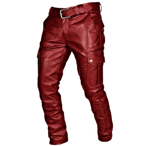 Pantalon cargo décontracté pour homme en cuir d'agneau rouge de haute qualité, léger, taille haute, style motard, plusieurs poches, coupe droite - Product Image 1