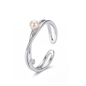 S925 <b>Silver</b> Double Layer Cross Freshwater Pearl Open <b>Ring</b> Minimalist CZ Geometric <b>Adjustable</b> Pearl Jewelry for Women - Product Image 1