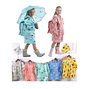 Water proof Cute Cartoon Custom Print Rain Coat Poncho Jacket waterproof fabric Polyester Raincoat for Kid Children School Bag