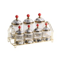 Ensemble de pots à épices en céramique à motif floral et d'oiseaux vintage avec support doré, élégant récipient à condiments rétro pour la décoration de table