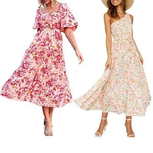 Private Label 2023 Women Clothing Floral Print Ruffled Chiffon Maxi Long Dresses Women Lady Elegant dress