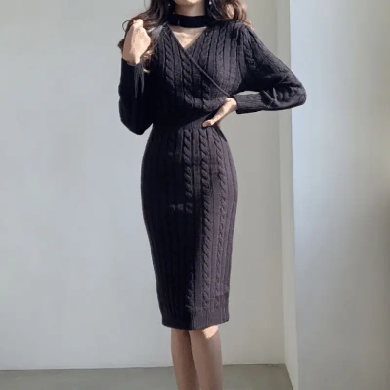 Factory Wholesale 2022 Long Sleeve V Neck Hollow Out Solid Slit Mid-length Sweater Dress Winter Women Cloth