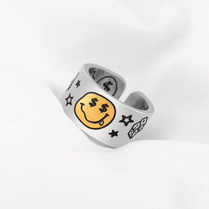 Cartoon Graffiti Smiley Face Open <b>Ring</b> Gold <b>Titanium</b> Steel Unisex Fashion Jewelry Gift - Product Image 4