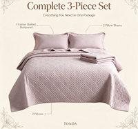 Couvre-lit matelassé 100% coton violet clair à motif géométrique losanges, ensemble 3 pièces, doux, prélavé, avec taies d'oreiller