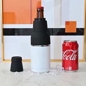 Refroidisseur de canettes fin en acier inoxydable avec logo personnalisé, revêtement poudré, 2-en-1, droit, portable, pour voyage, 12 oz - Product Image 1