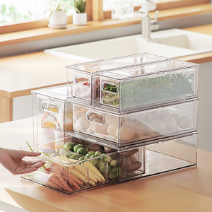 Kitchen Plastic Pull Out Storage Box Transparent Drawer Stackable Fridge Food Organizer With Handle